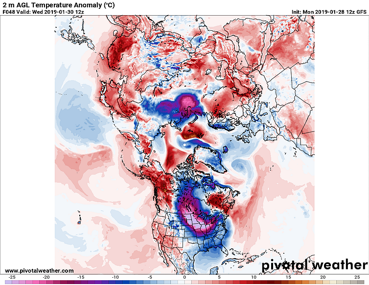 Predicted near-surface air temperature differences (C) from normal, relative to 1981-2010.
