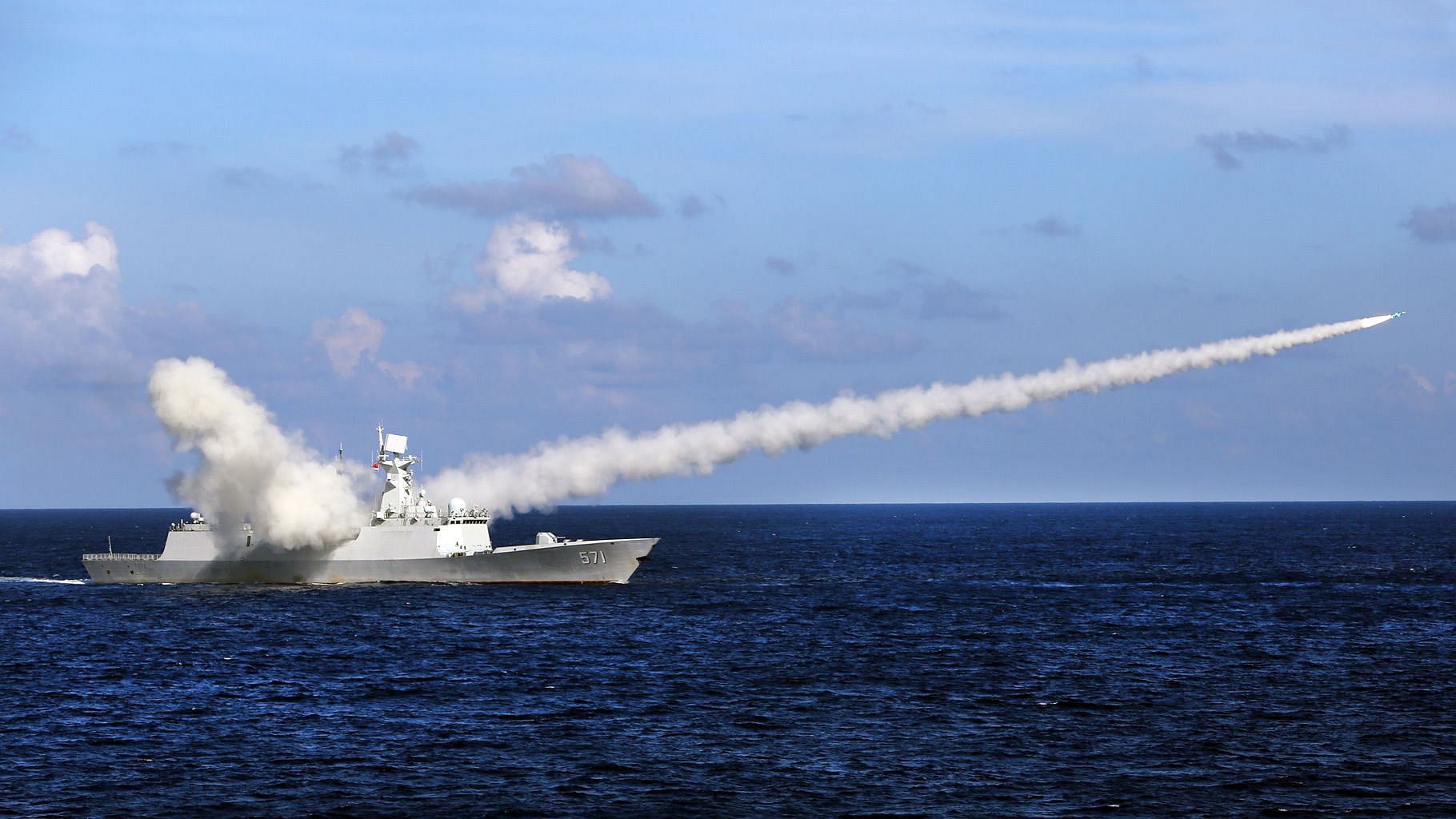 Chinese missile frigate Yuncheng launches an anti-ship missile during a military exercise in the waters near south China’s Hainan Island and Paracel Islands.&nbsp;