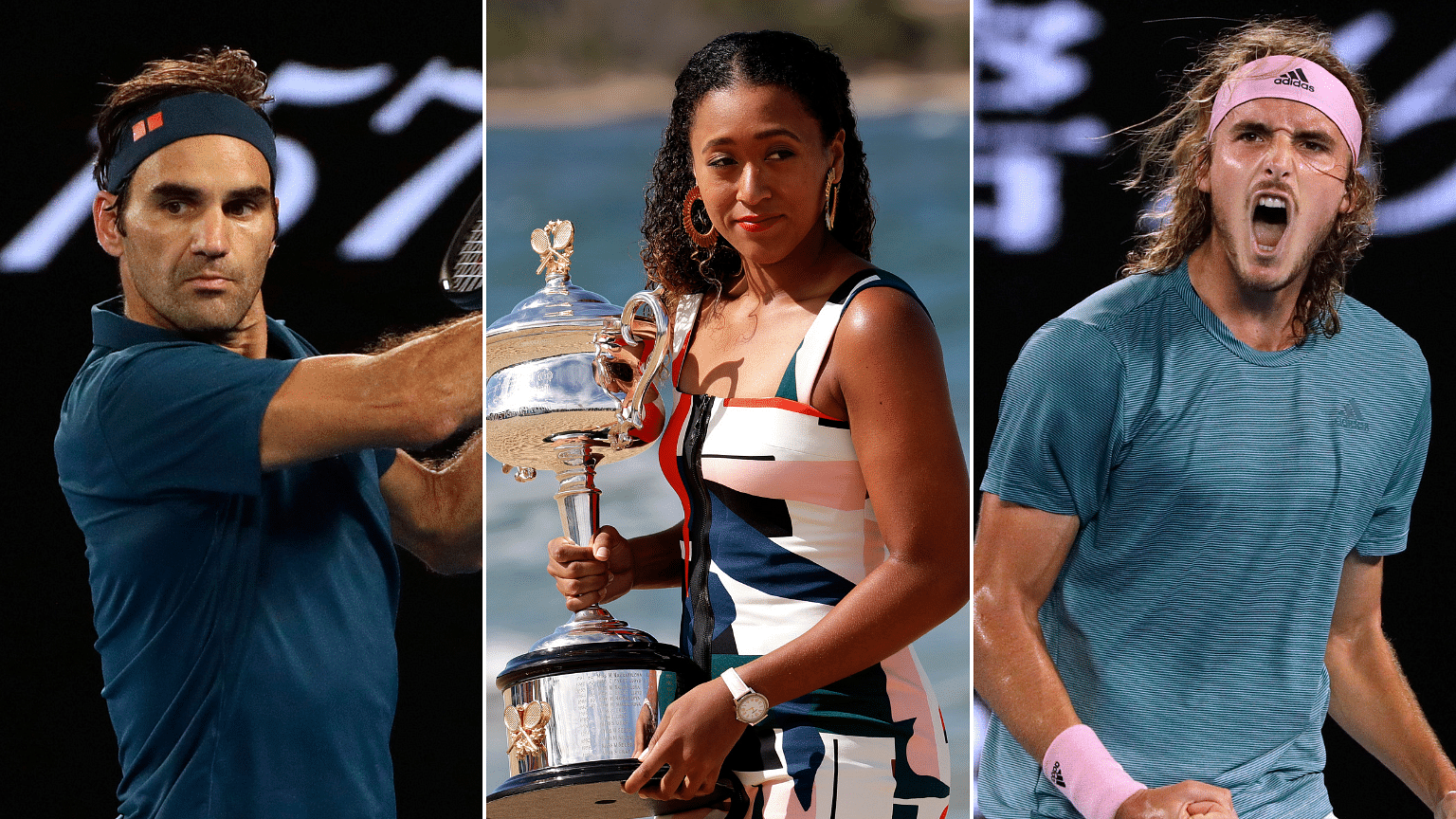 Roger Federer, Naomi Osaka and Stefanos Tsitstipas during and after the Australian Open.