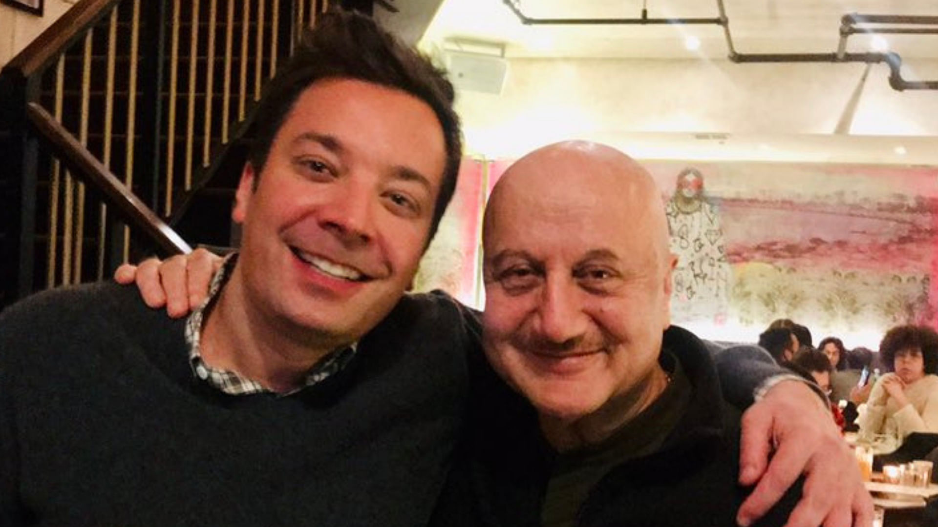 Anupam Kher takes a selfie with Jimmy Fallon.