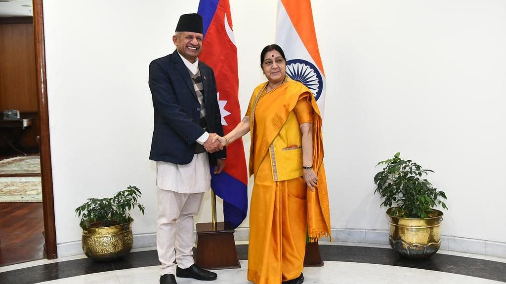 A file photo of Sushma Swaraj with  Foreign Affairs Minister of Nepal Pradeep Kumar Gyawali on sidelines of the Raisina Dialogue.