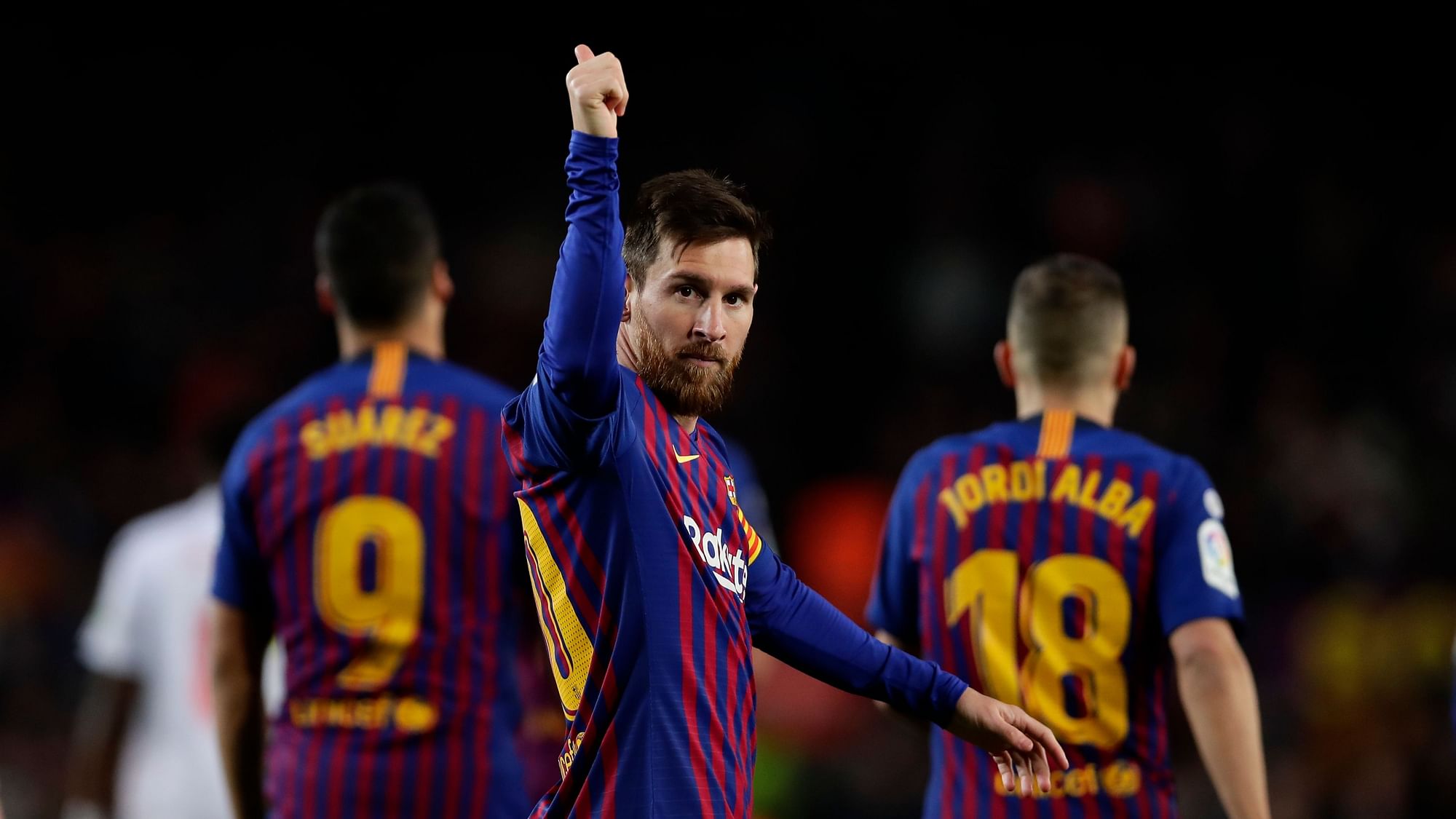 FC Barcelona’s Lionel Messi celebrates after scoring his side’s second goal against Eibar at the Camp Nou stadium in Barcelona on Sunday, Jan 13, 2019.