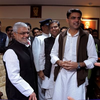 Jaipur: Newly elected Rajasthan Assembly Speaker C.P. Joshi with Deputy Chief Minister Sachin Pilot at the state assembly in Jaipur, on Jan 16, 2019. (Photo: Ravi Shankar Vyas/IANS)