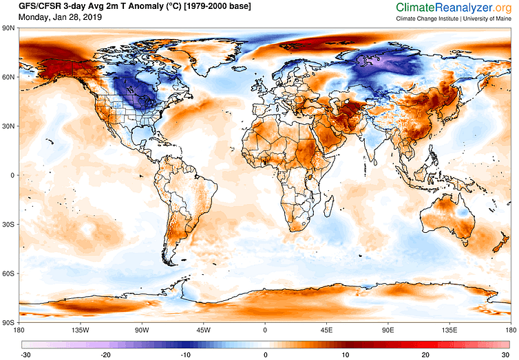 Predicted daily mean, near-surface temperature (C) differences from normal (relative to 1979-2000) for Jan. 28-30, 2019. Data from NOAA’s Global Forecast System model.