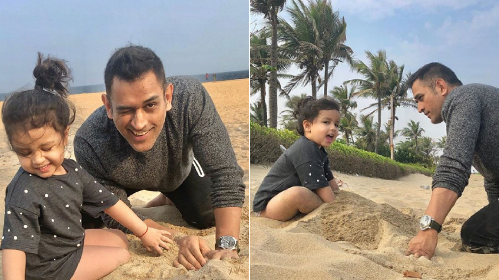 MS Dhoni with his daughter Ziva at the beach.