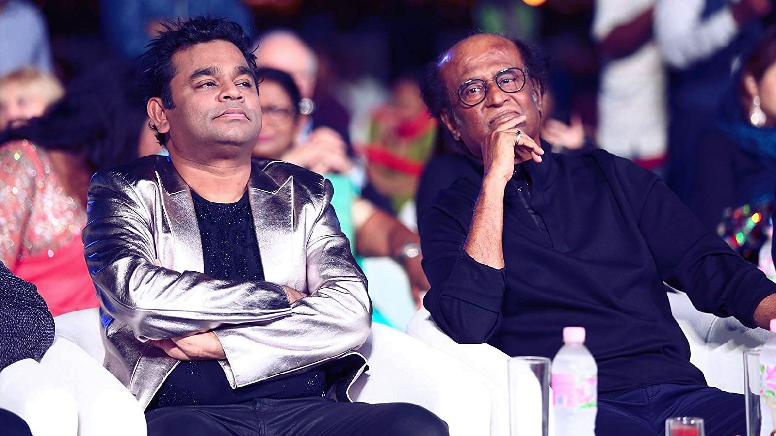 AR Rahman with Rajinikanth at the music launch of <i>2.0</i>.