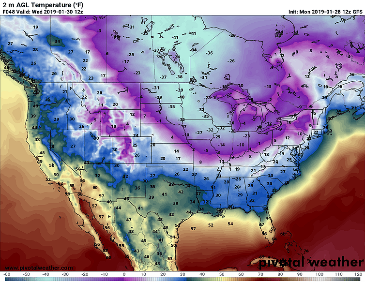 Predicted near-surface air temperatures (F) for Wednesday morning, Jan. 30, 2019. Forecast by NOAA’s Global Forecast System model.