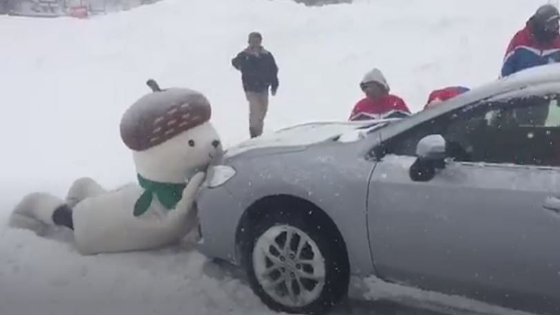 Resident mascot Okomin at a Japan snow resort helps guests push their cars stuck in snow
