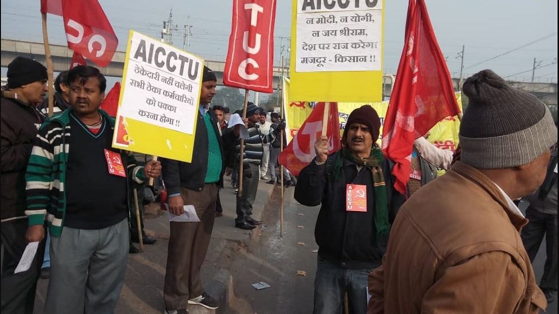 All India Central Council of Trade Unions (AICCTU) members hold protest in Patparganj industrial area.&nbsp;