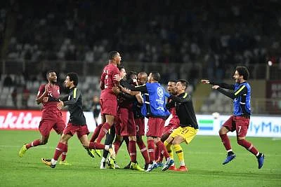 ABU DHABI, Jan. 23, 2019 (Xinhua) -- Players of Qatar celebrate victory after the 2019 AFC Asian Cup round of 16 match between Qatar and Iraq in Abu Dhabi, the United Arab Emirates, on Jan. 22, 2019. Qatar won 1-0 to progress through to the quarter finals. (Xinhua/Wu Huiwo/IANS)