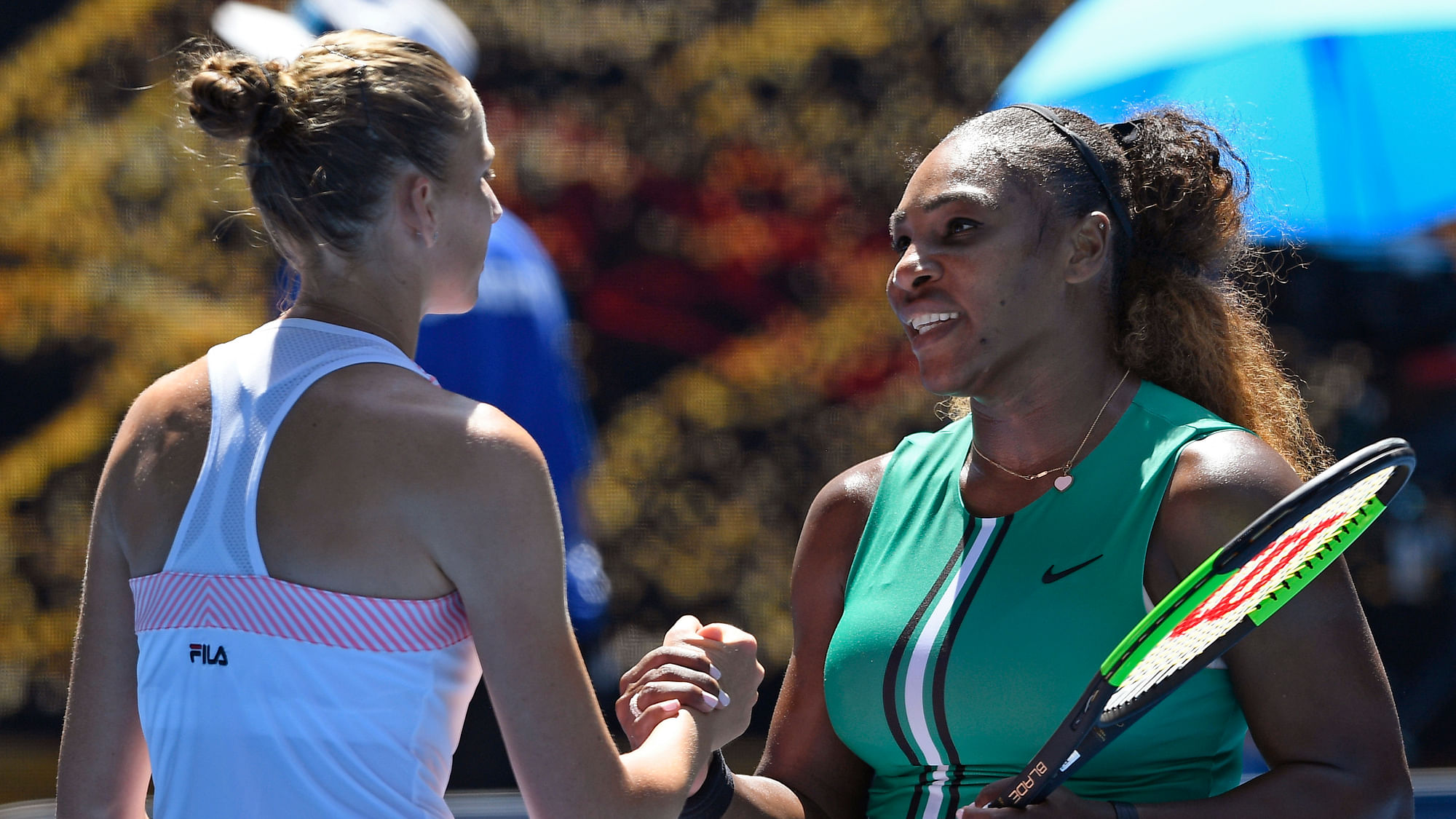 Karolina Pliskova of the Czech Republic, left, is congratulated by United States’ Serena Williams after winning their quarter-final match at the Australian Open.