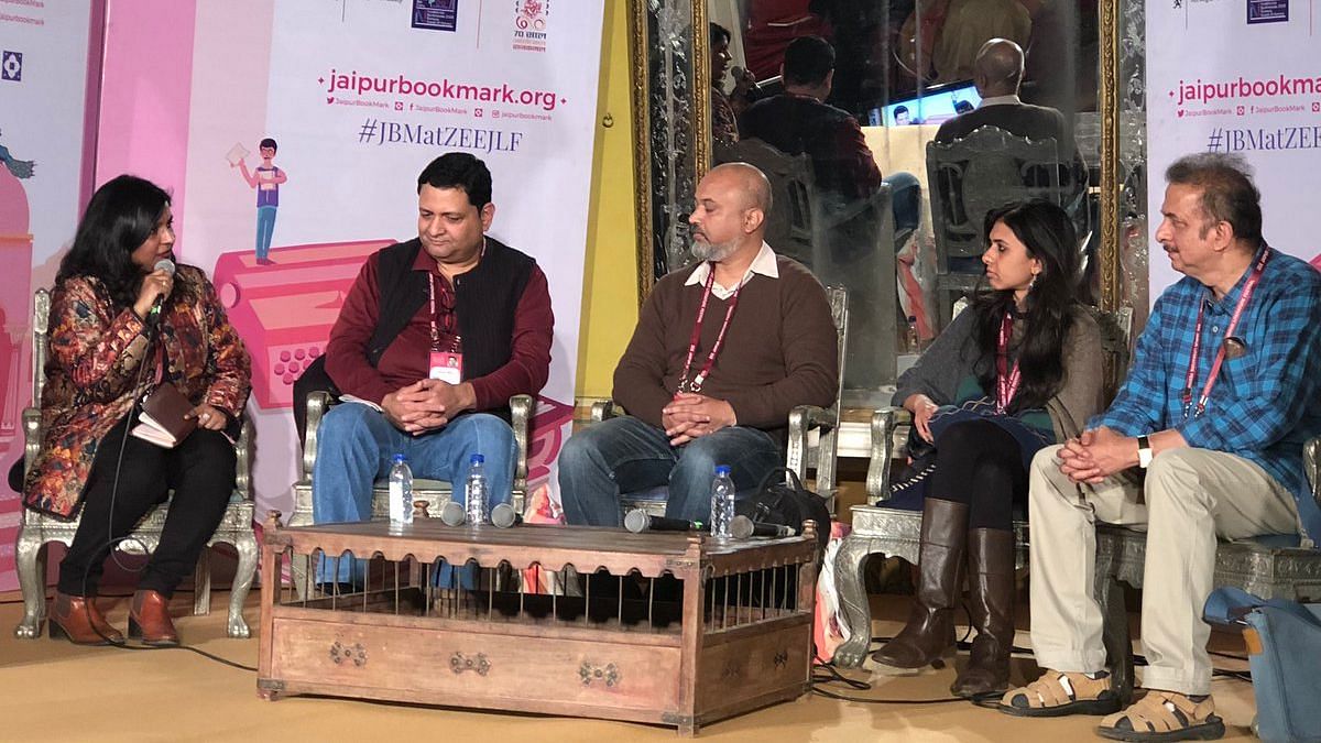 Aditi Maheswari, award-winning author Jayant Kaikini Manasi, and Ravi Singh talking about publishing translations at Jaipur Book Mark.