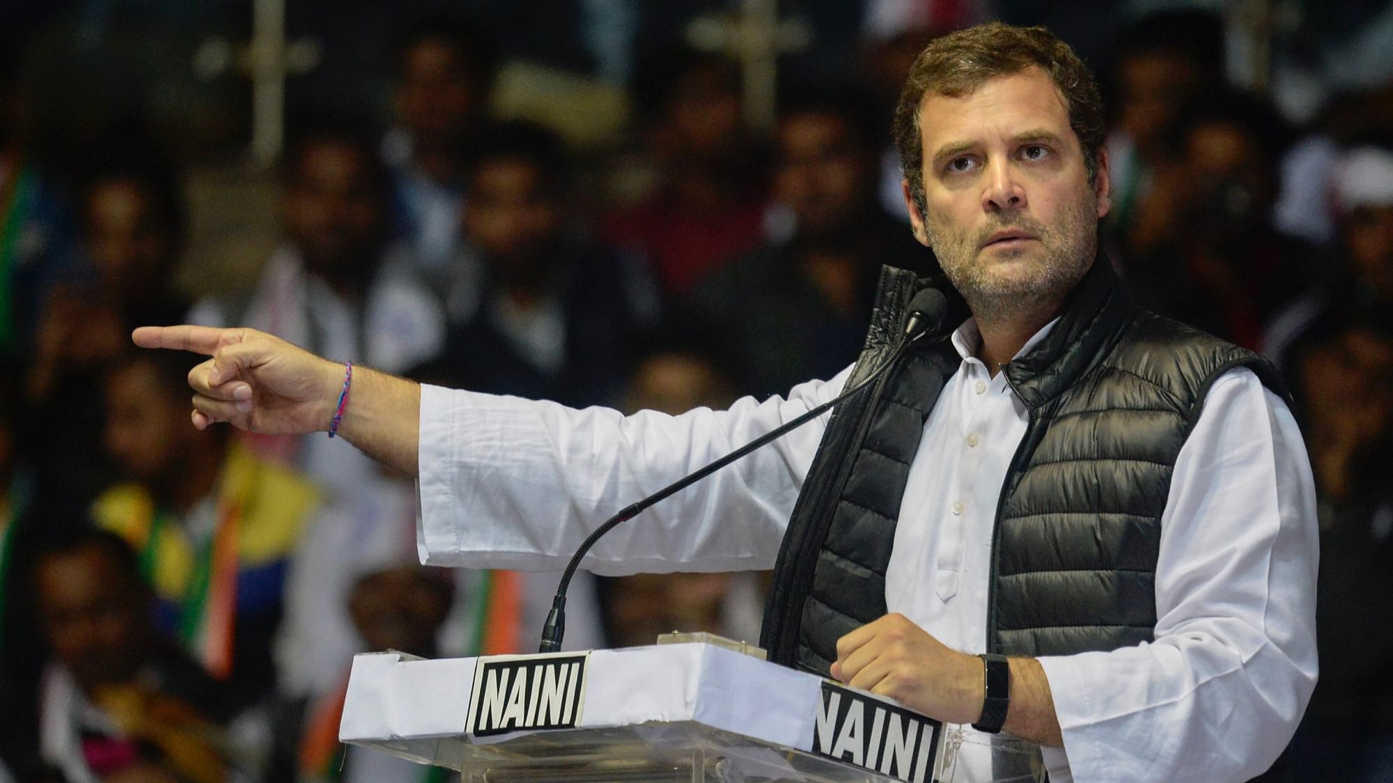 Congress President Rahul Gandhi addresses a Yuva Kranti Yatra event at Talkatora Stadium in New Delhi on Wednesday, 30 January.&nbsp;
