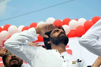 Mangalagiri: Jana Sena President Pawan Kalyan salutes the national flag during 2019 Republic Day celebrations in Andhra Pradesh.