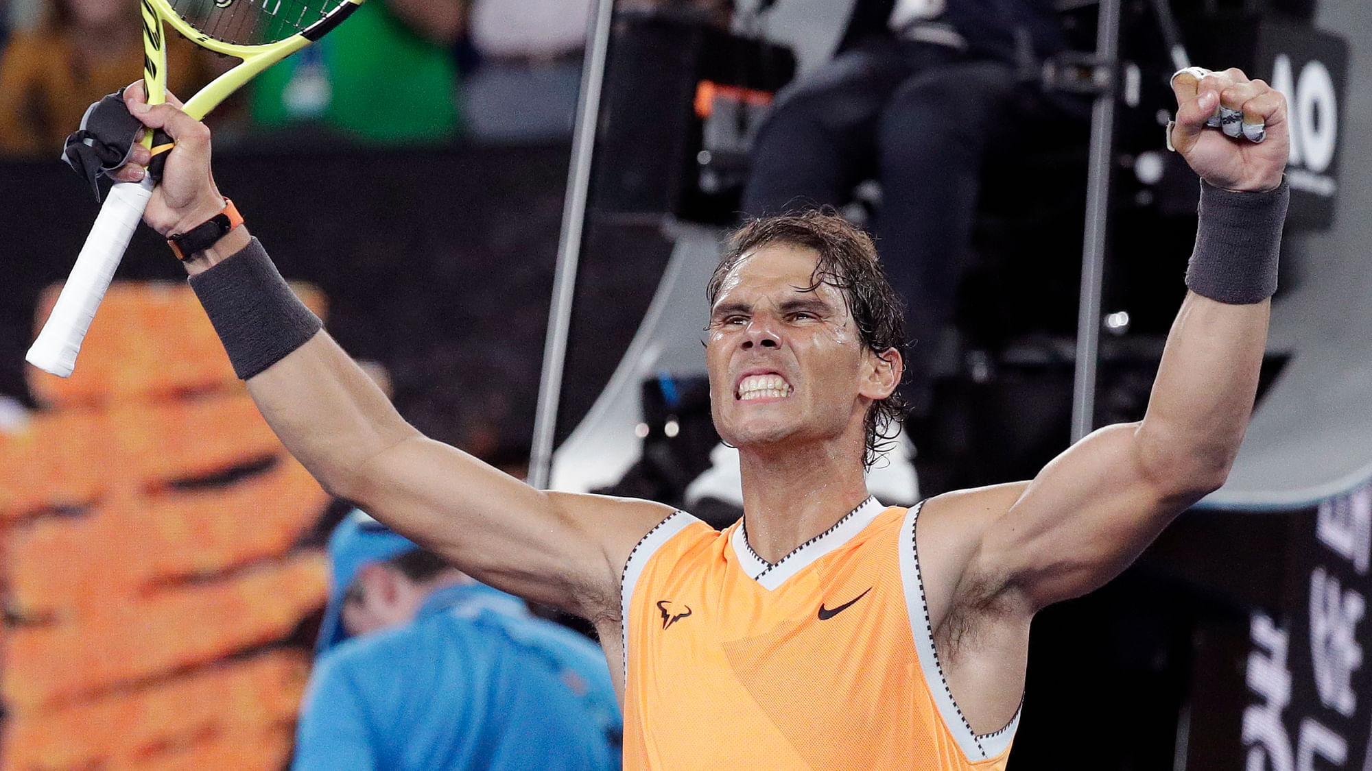 Spain’s Rafael Nadal celebrates after defeating United States’ Frances Tiafoe in their quarter-final match at the Australian Open in Melbourne..