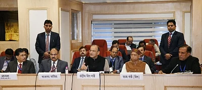 New Delhi: Union Finance and Corporate Affairs Minister Arun Jaitley addresses a press conference after the 32nd GST Council meeting, in New Delhi, on Jan 10, 2019. Also seen Union MoS Finance Shiv Pratap Shukla, Revenue Secretary Ajay Bhushan Pandey and other dignitaries. (Photo: IANS/PIB)