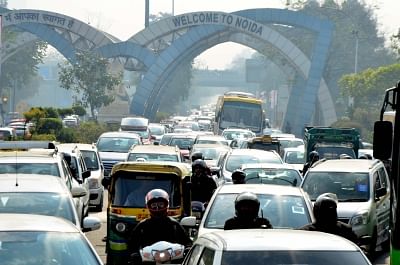 New Delhi: Motorists stuck in a traffic jam near Delhi-Noida border due to a Congress rally against alleged scam in Rafale deal on Jan 30, 2019. (Photo: IANS)