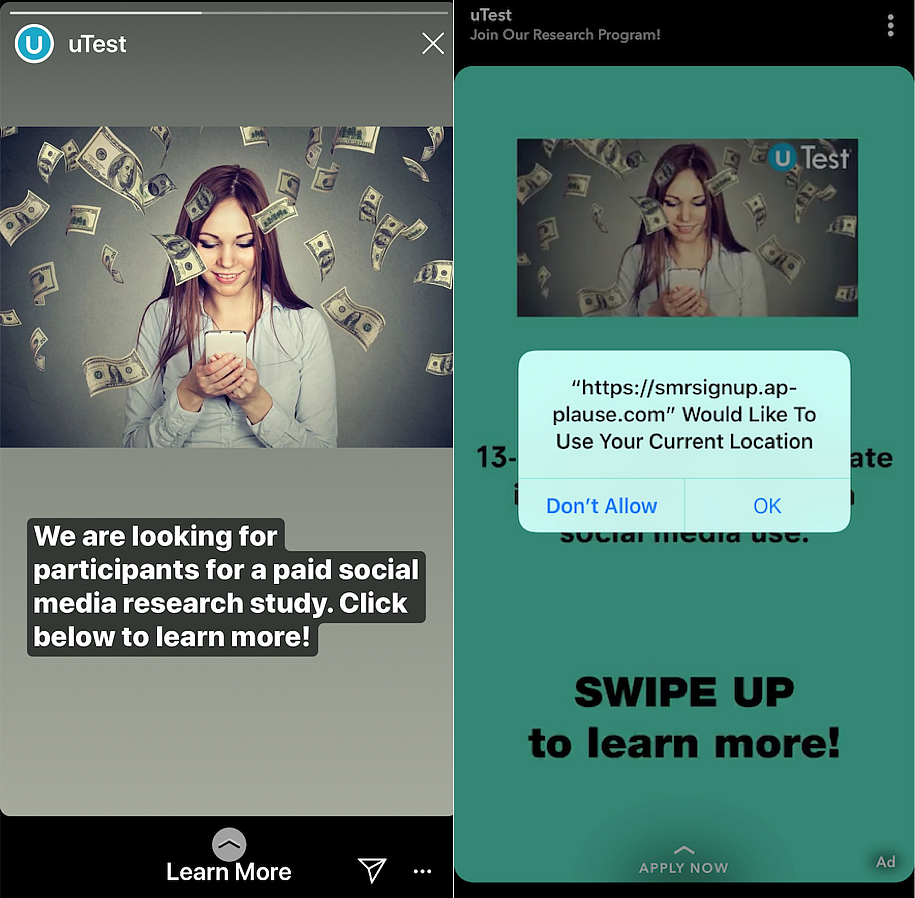 Instagram posts by UTest ask users to download the “research app”. 