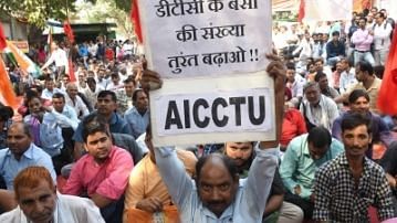 Workers of Delhi Transport Corporation (DTC), under the banner of All India Central Council of Trade Unions (AICCTU), stage a demonstration to press for their various demands, in New Delhi on 22 October&nbsp; 2018. Image for representation.