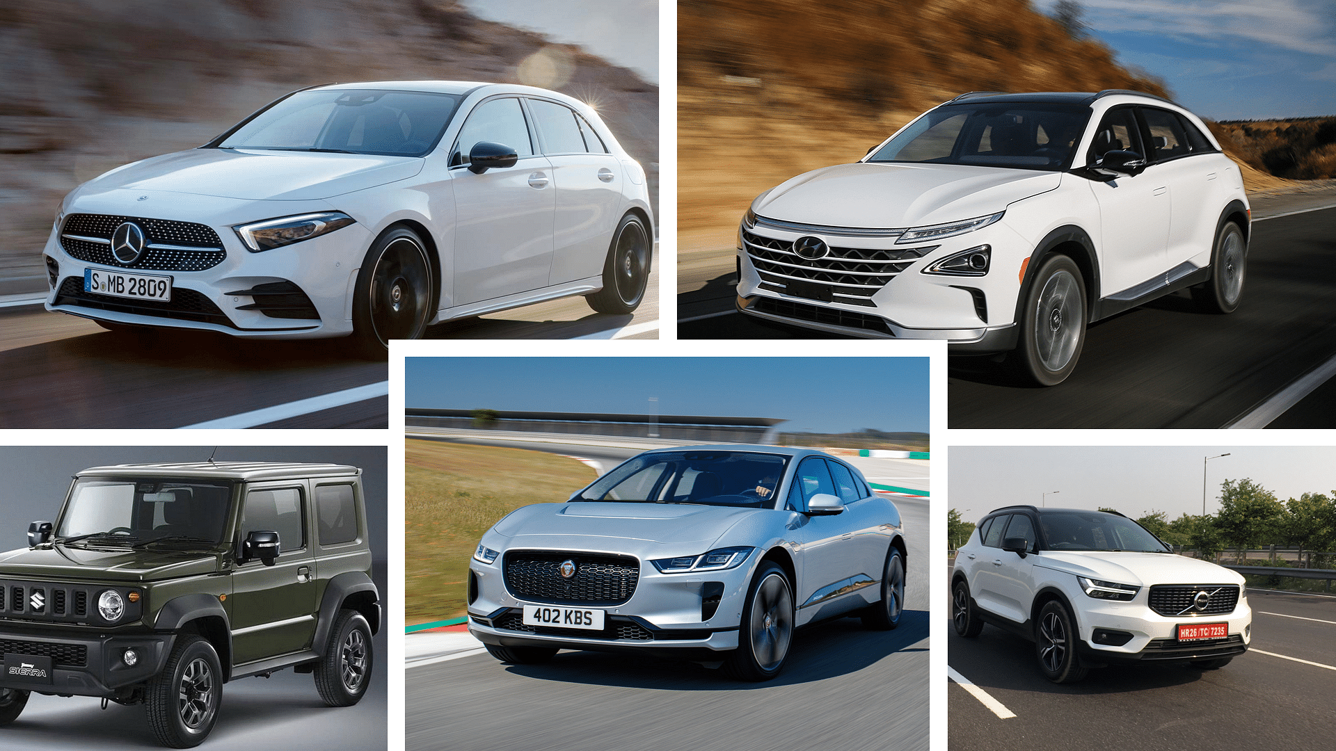 Some of the finalists for World Car of the Year (clockwise from top): Mercedes-Benz A-Class, Hyundai Nexo, Volvo XC40, Jaguar iPace and Suzuki Jimny.&nbsp;