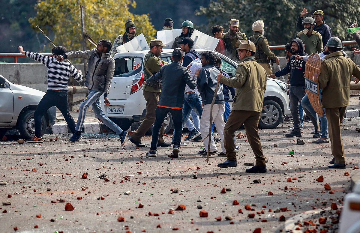 Protesters clash with police during a shutdown against the killing of CRPF personnel in the Pulwama terror attack in Jammu.