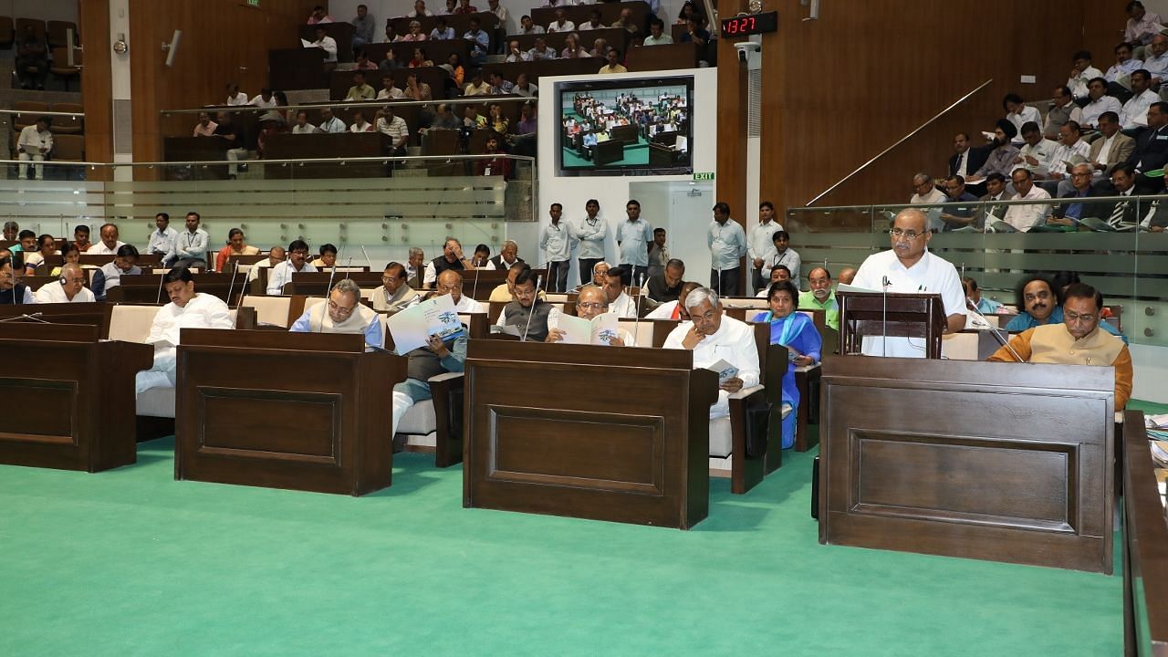 Dy CM Nitin Patel delivering the Budget in February 2018.