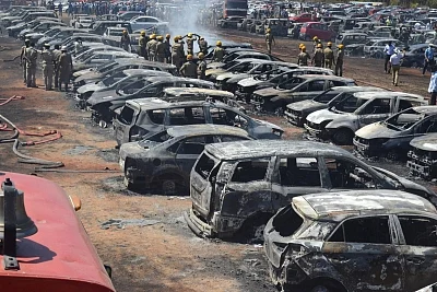 Bengaluru: A view of cars that were gutted in a fire that broke out in the parking lot in front of Yelahanka Air Force Station gutting 300 cars, in Bengaluru on Feb 23, 2019. The fire, which began at around 12 noon, quickly burnt down the vehicles parked by visitors and public attending the show at the Indian Air Force base in the northern outskirts of the city. 