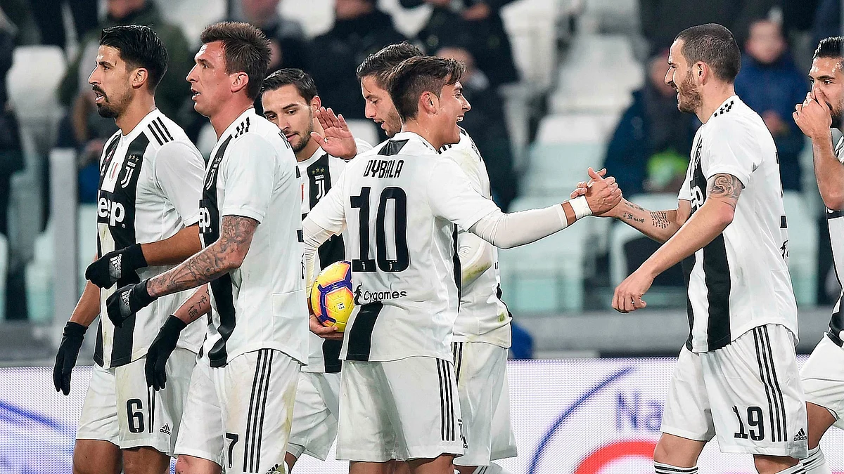 Juventus’s Leonardo Bonucci (right) with his team after scoring during the Serie A match against Frosinone at the Allianz Stadium in Turin, Italy on Friday.