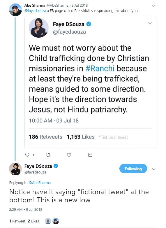 A tweet that was put out in Faye D’Souza’s name has been called out as fake by the journalist on Twitter. 