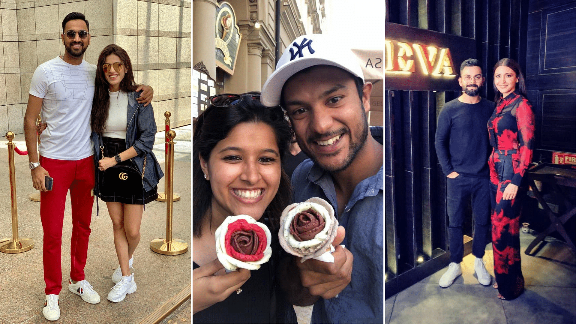 Krunal Pandya (left), Mayank Agarwal (centre) and Virat Kohli with their respective partners on Valentine’s Day 2019.
