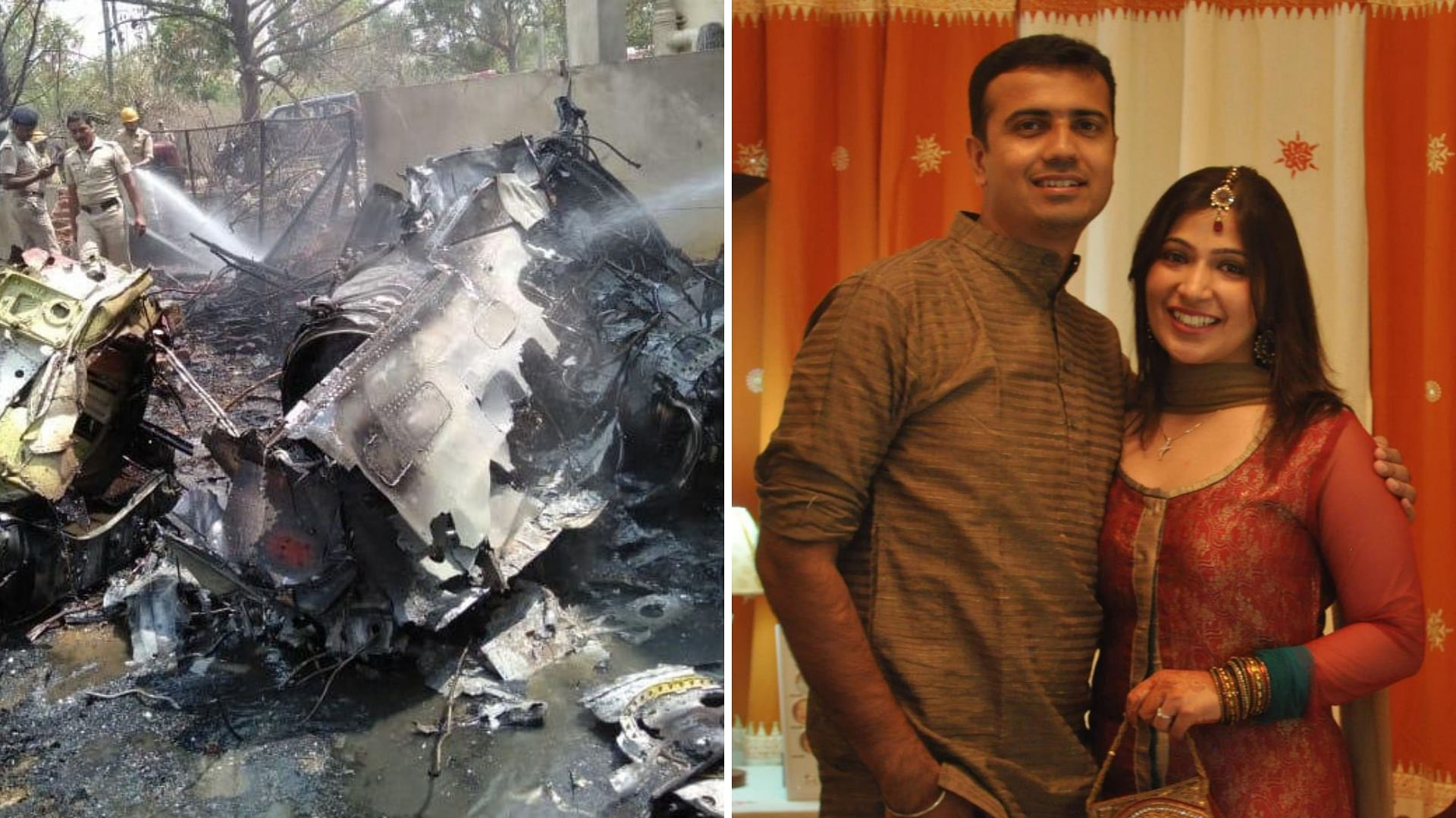 The crash site in Bengaluru; late IAF pilot Sahil Gandhi with his wife (right).