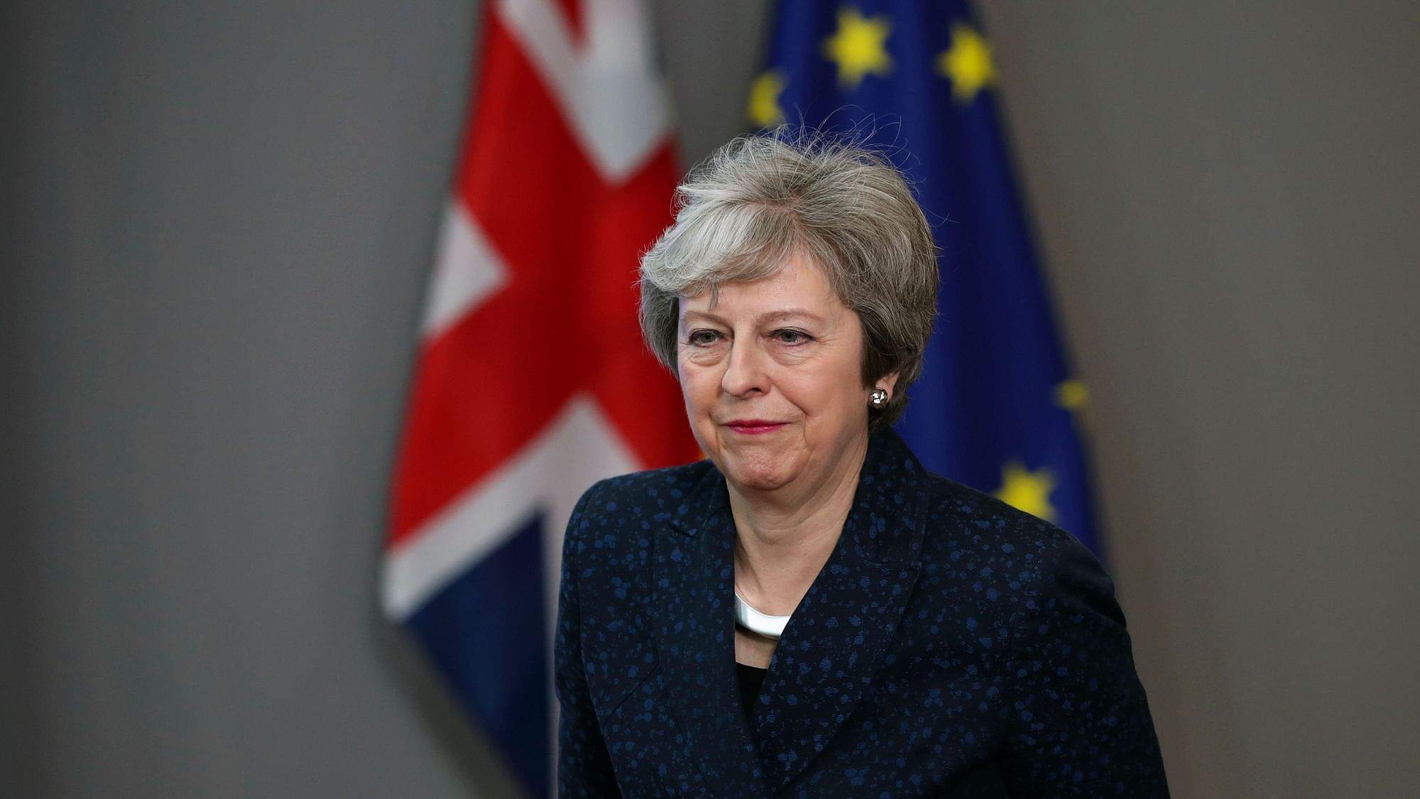 Britain’s Prime Minister Theresa May leaves after her meeting with European Council President Donald Tusk at the European Council headquarters in Brussels.