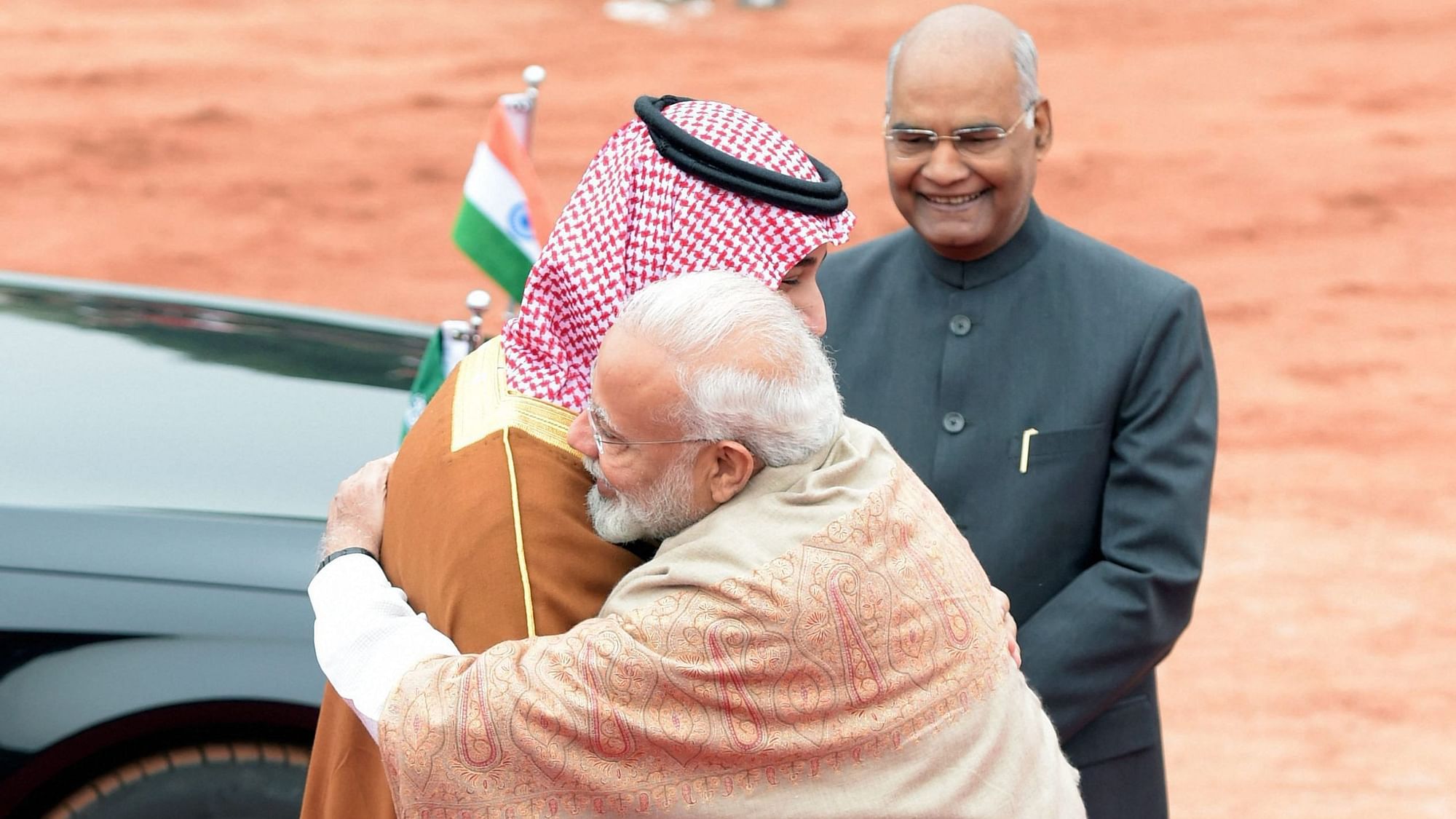 Saudi Crown Prince MSB being hugged by Prime Minister Narendra Modi as President Ram Nath Kovind watches over.