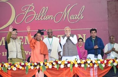 Vrindavan: Prime Minister Narendra Modi, Uttar Pradesh Chief Minister Yogi Adityanath and others during a programme organsied to mark the serving of "3rd billionth meal" by Akshaya Patra Foundation at Vrindavan Chandrodaya Mandir on Feb. 11, 2019. (Photo: IANS)