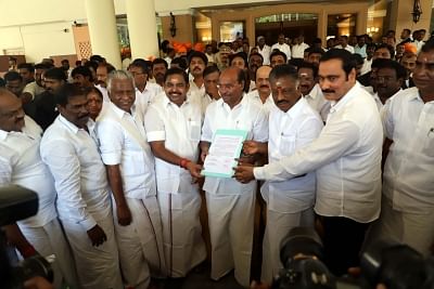 Chennai: AIADMK Coordinator and Deputy Chief Minister O. Panneerselvam and Joint Coordinator and Chief Minister K. Palaniswami with Pattali Makkal Katchi (PMK) founder S. Ramadoss during a discussion on electoral alliance in Chennai, on Feb 19, 2019. According to the alliance, the PMK will get seven Lok Sabha seats and one Rajya Sabha seat.The PMK will support the AIADMK candidates in the ensuing bypolls in Tamil Nadu as well. (Photo: IANS)