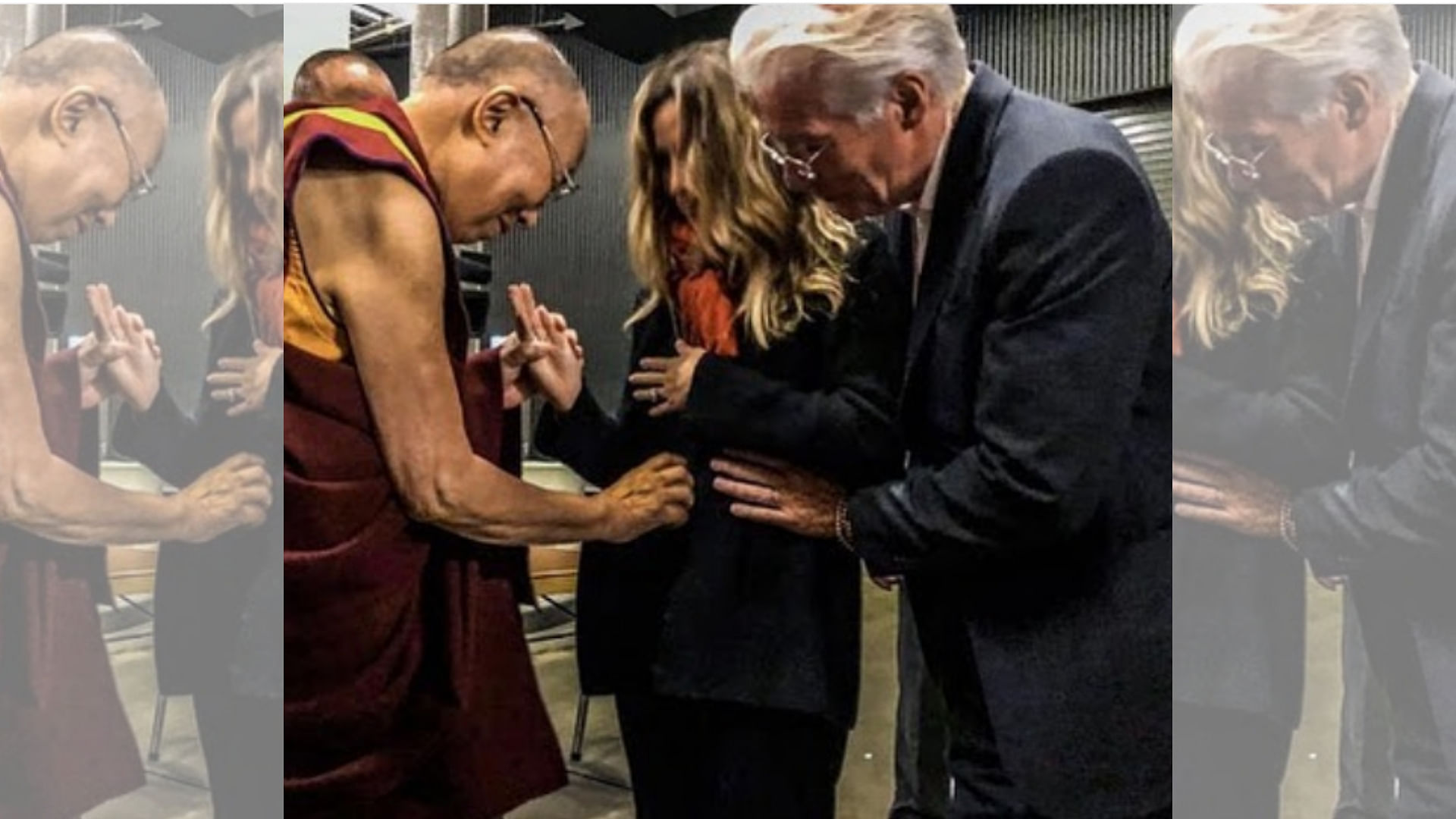 Richard Gere and his wife, Alejandra Silva, receiving blessings from the Dalai Lama. &nbsp;