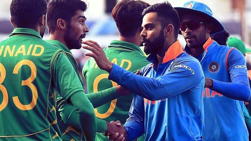 Players exchange pleasantries after Pakistan beat India in the final of the 2017 Champions Trophy in England.