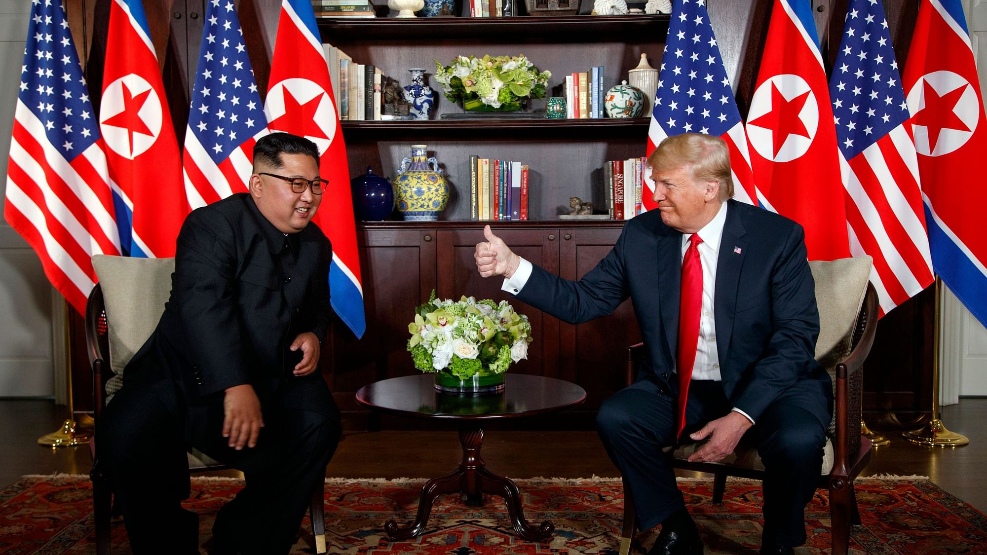 Donald Trump meets with Kim Jong Un in Singapore, 2018.