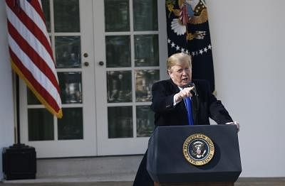 WASHINGTON, Feb. 15, 2019 (Xinhua) -- U.S. President Donald Trump speaks at the Rose Garden in the White House in Washington D.C., the United States, on Feb. 15, 2019. Trump announced Friday he will sign a national emergency to expand the U.S.-Mexico border wall and push for his signature campaign promise. (Xinhua/Hu Yousong/IANS)