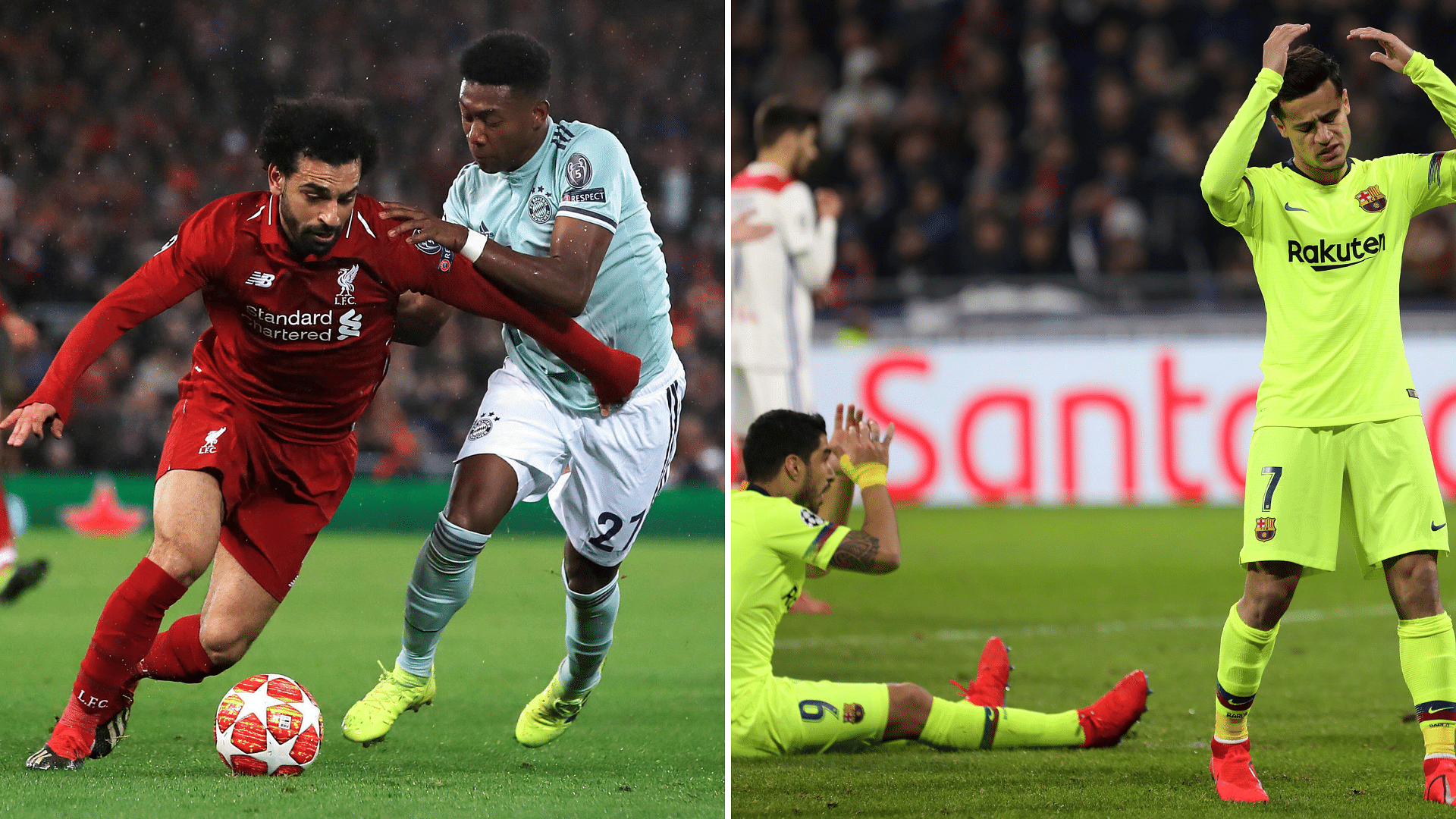 Liverpool and Bayern Munich (left) played out a 0-0 draw in their Champions League last-16 first leg, while Barcelona were held 0-0 at Lyon.