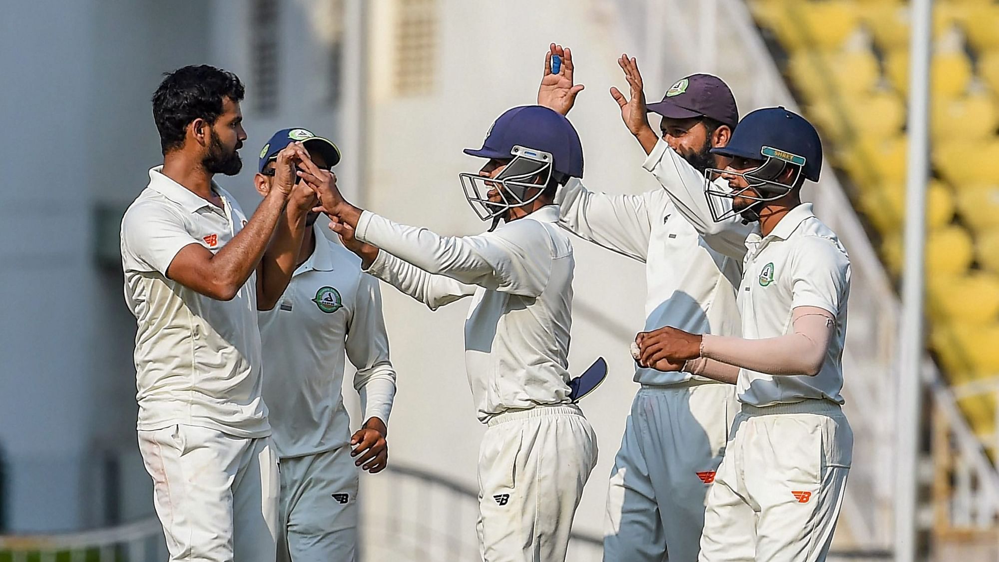 Vidarbha players celebrate a wicket during the Ranji Trophy final.