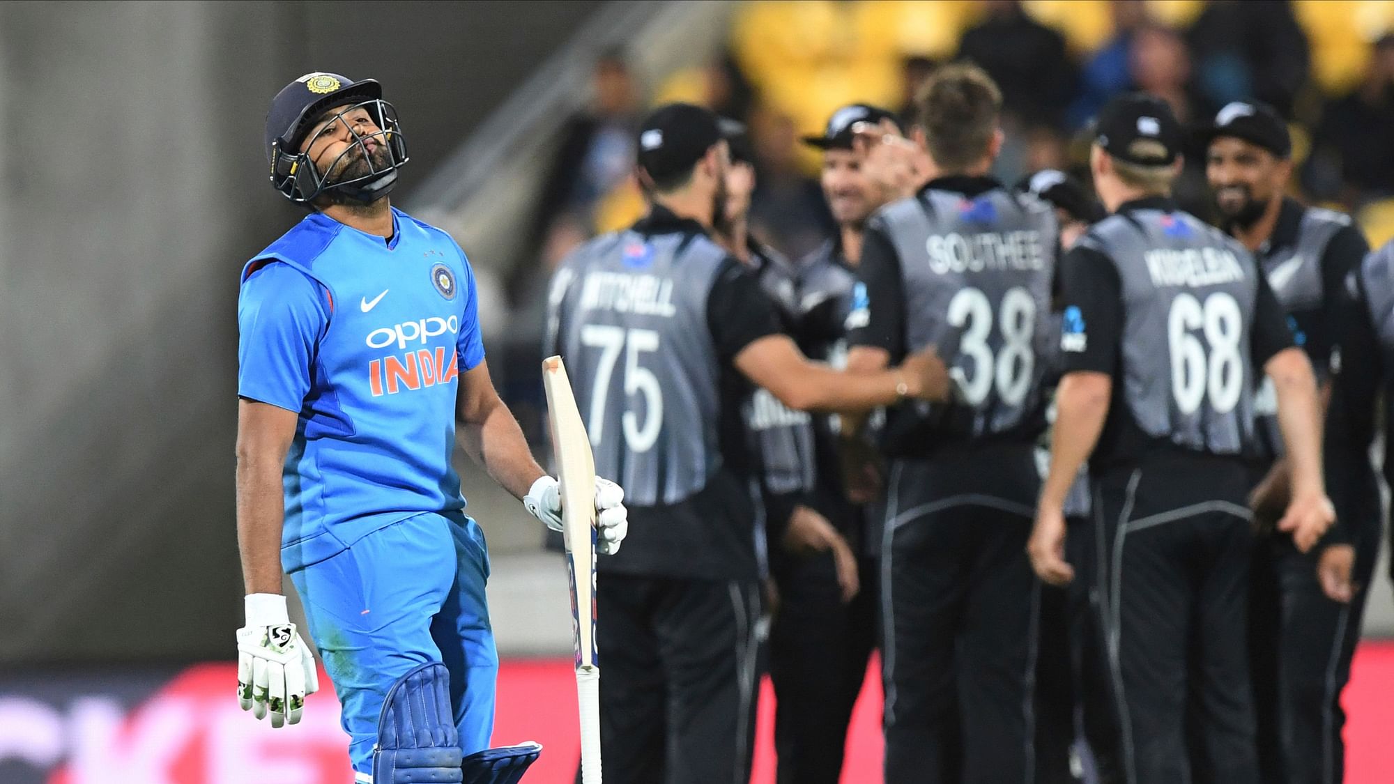 A dejected Rohit Sharma walks off after being dismissed for 1 in the first T20I between New Zealand and India at Wellington.