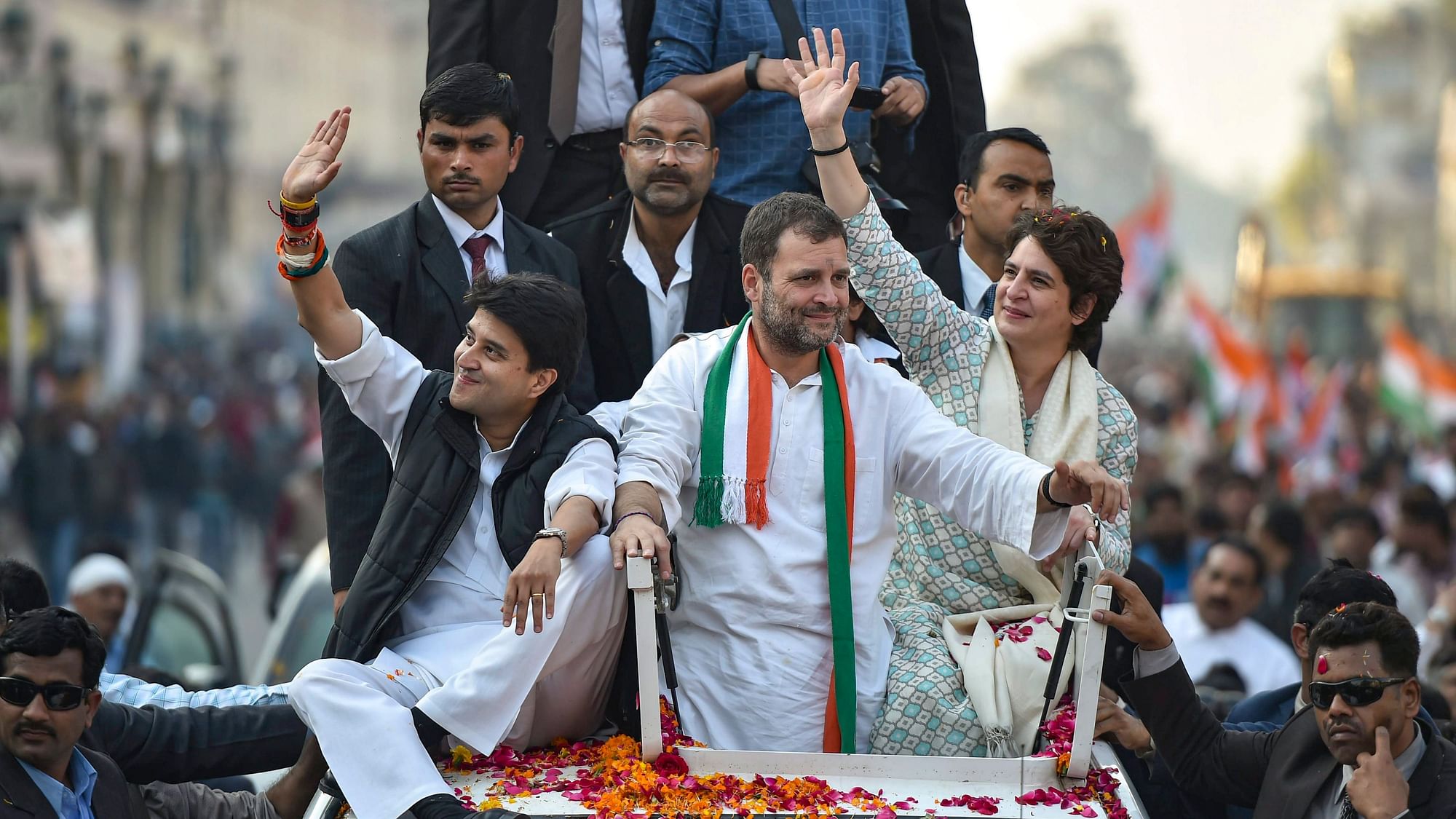 Congress President Rahul Gandhi, Priyanka Gandhi and Jyotiraditya Scindia at Congress roadshow in Lucknow.