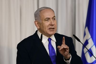 RAMAT GAN (ISRAEL), Feb. 21, 2019 (Xinhua) -- Israeli Prime Minister Benjamin Netanyahu delivers a statement in the town of Ramat Gan, east of Tel Aviv, Israel, on Feb. 21, 2019. Israel will hold general elections on April 9, 2019. (Xinhua/JINI/Tomer Neuberg/IANS)