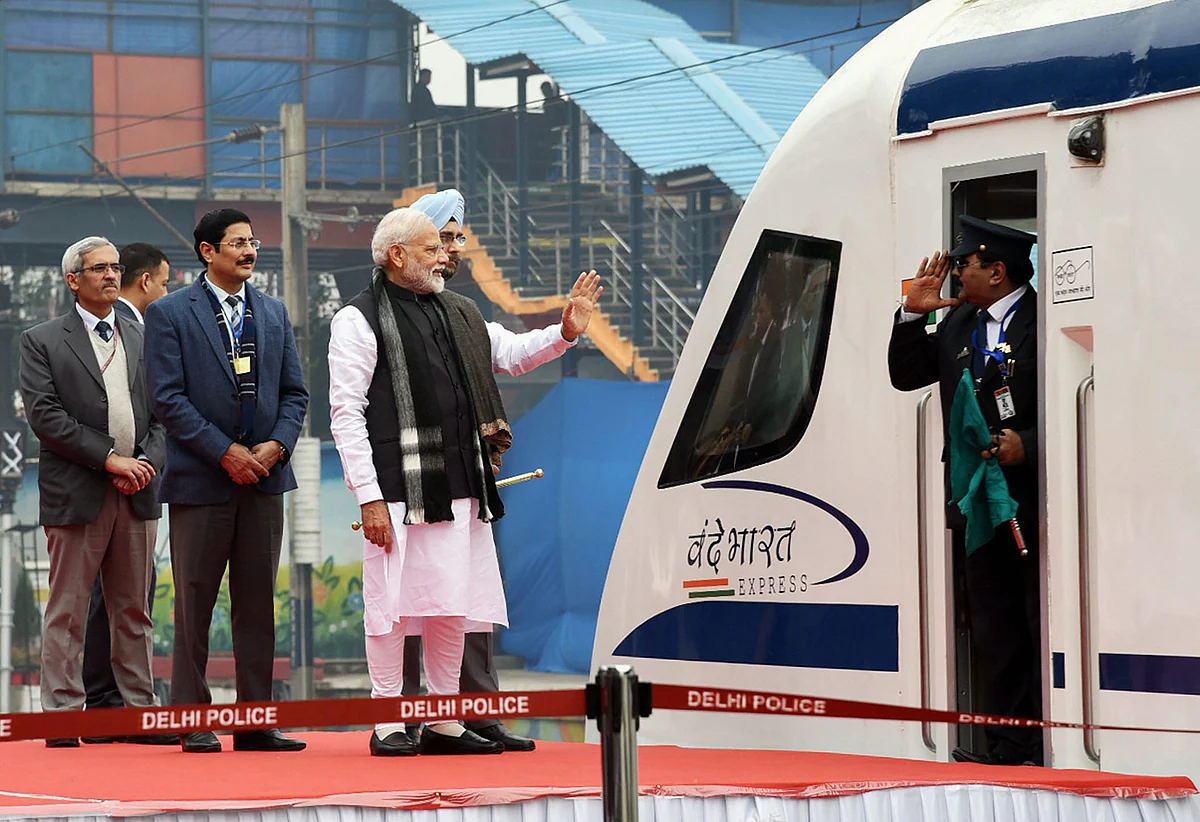 Prime Minister Narendra Modi flags off Vande Bharat Express, India’s first semi-high speed train, at New Delhi Railway Station, Friday, 15 February 2019. 