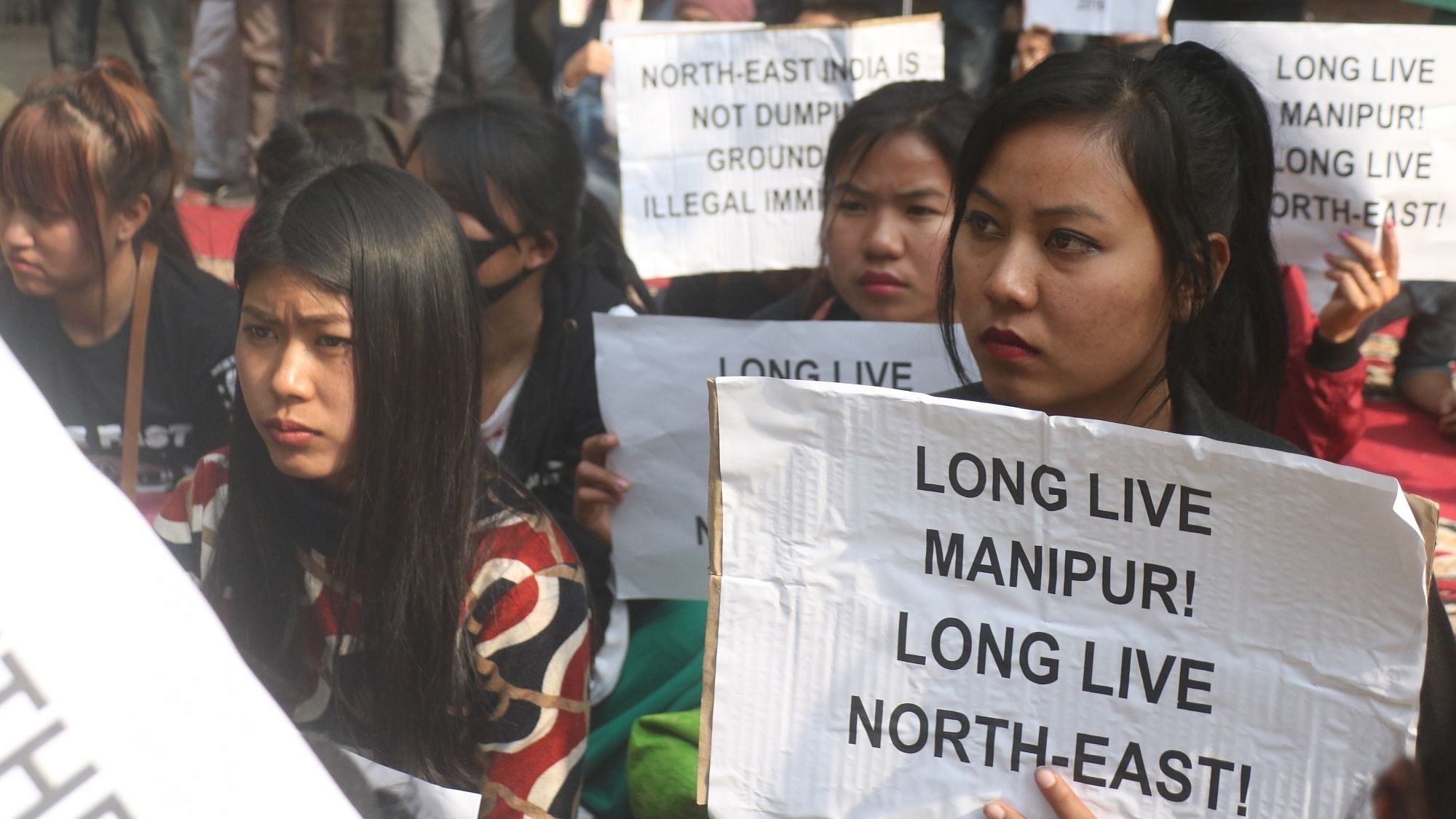 People from Manipur stage a demonstration against the Citizenship (Amendment) Bill in New Delhi, on 30 January.