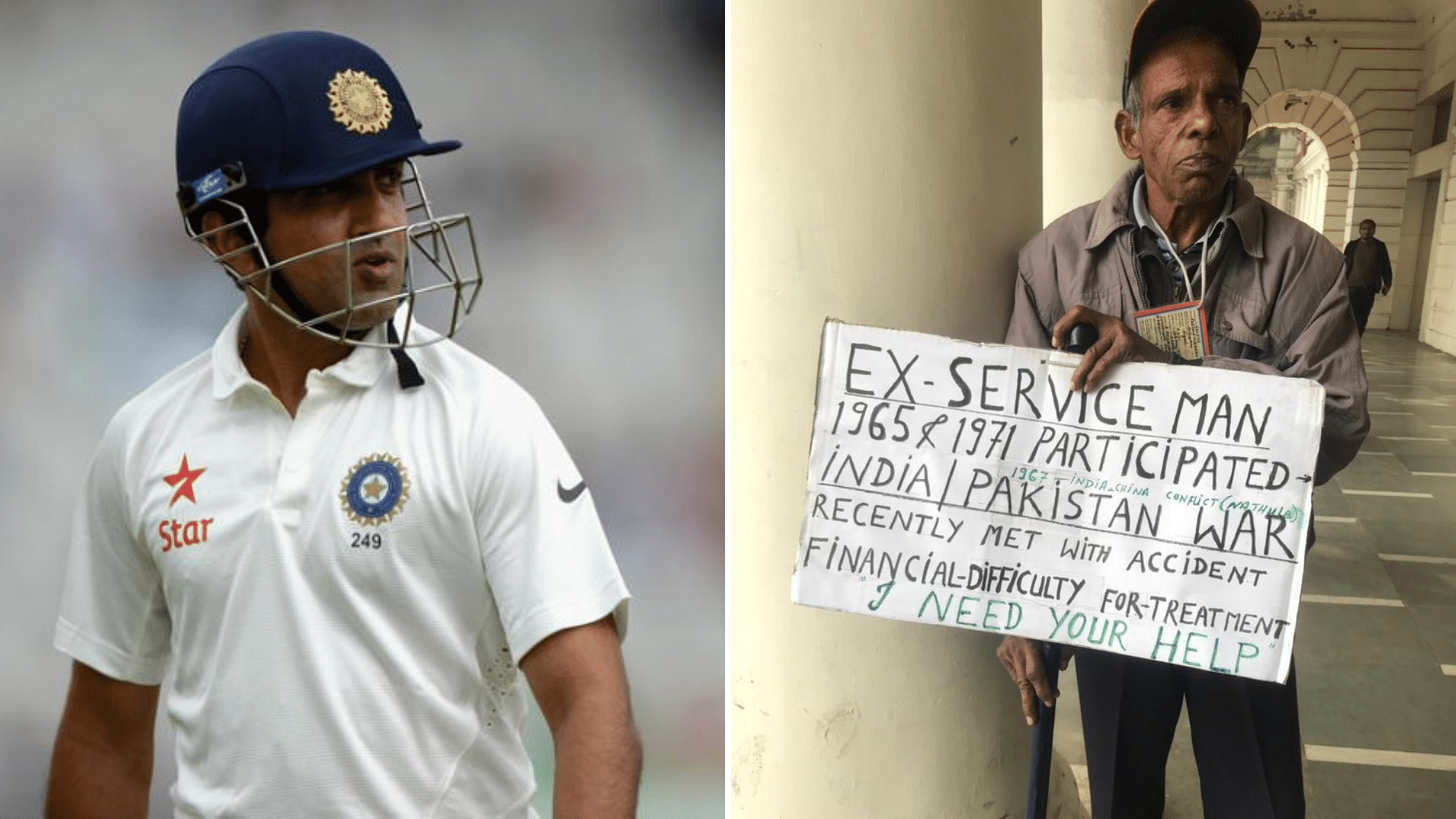 2011 World Cup winner Gautam Gambhir spotted ex-serviceman Mr Peethabaran at New Delhi’s Connaught Place on 2 February.