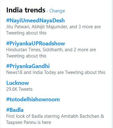 The top three hashtags on Twitter were all related to Priyanka Gandhi’s roadshow in Lucknow. 