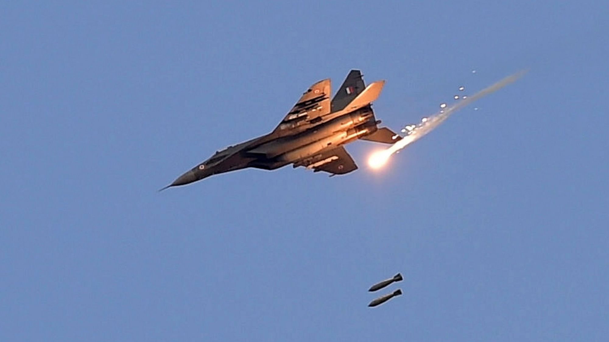 An Indian Air Force (IAF) MIG 29 releases bombs during an IAF exercise named ,” Vayu Shakti 2019” at the Air Force field firing range of Pokhran ,Rajasthan.