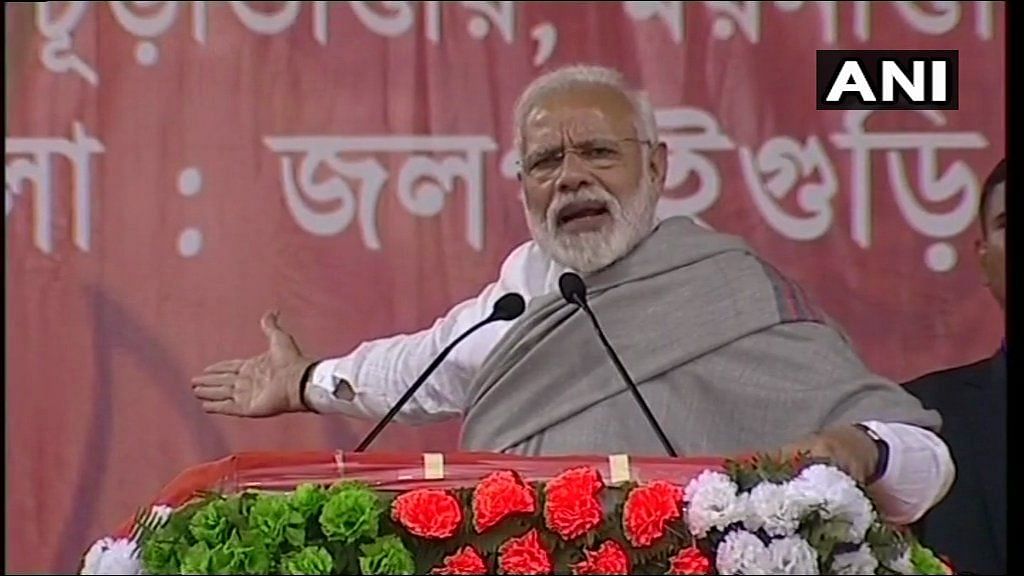 PM Narendra Modi addresses a rally in West Bengal’s Jalpaiguri.